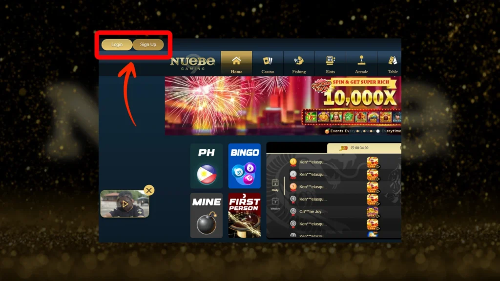 Screenshot of the Nuebe Gaming website homepage featuring a navigation bar with game categories, a fireworks-themed promotional banner, and a login/sign-up area highlighted by a red arrow.