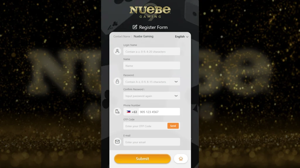 Mobile phone display showing the Nuebe Gaming register form against a sparkling gold background.