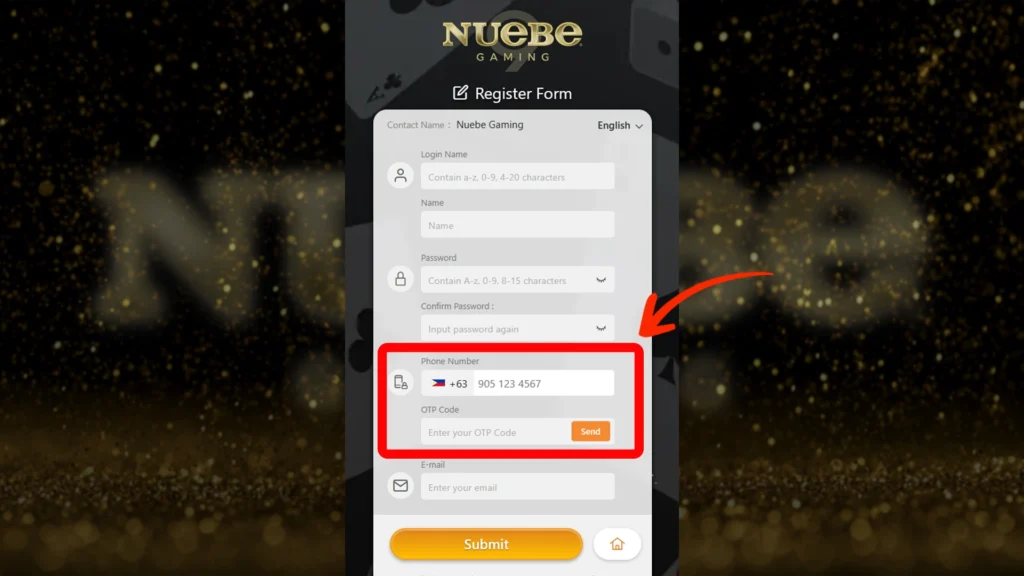 Close-up of the phone number verification section in the Nuebe Gaming register form, with a red arrow pointing to the field.