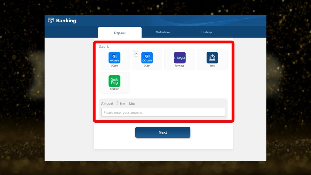 Screenshot of the 'Banking' section on a website, showing various payment options like GCash and GrabPay for making a deposit, with a field to enter the deposit amount highlighted.