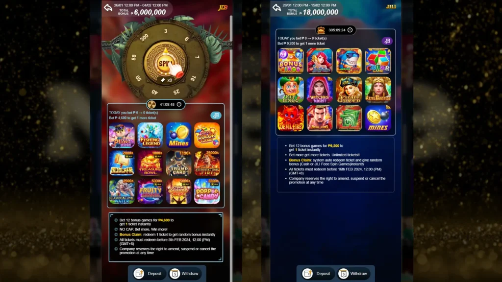 A split-screen image showing two mobile phone displays with various slot games and promotional offers on the Nuebe Gaming platform, set against a sparkly gold background.